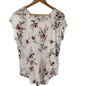 Rachel Zoe Womens Floral 100% Linen Scoop Neck Cap Sleeve Top White Coral Large